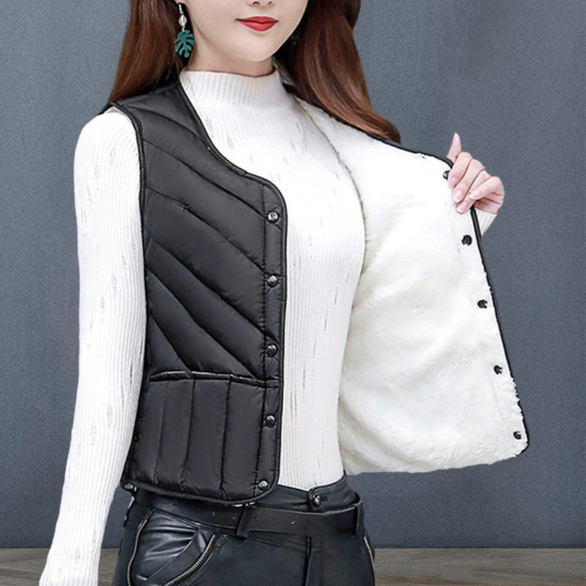 Women Winter Vest Coat Padded Solid Color Sleeveless Thick Soft Slim Fit Single-breasted Cardigan V Neck Windproof Warm Lady Waistcoat 