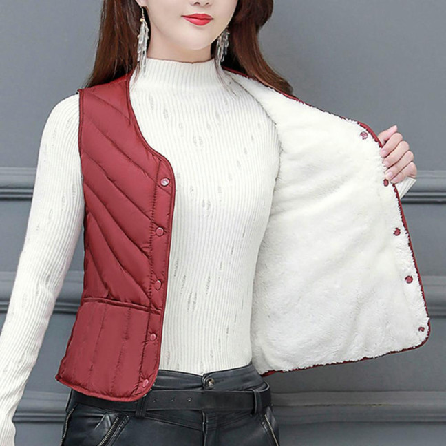 Women Winter Vest Coat Padded Solid Color Sleeveless Thick Soft Slim Fit Single-breasted Cardigan V Neck Windproof Warm Lady Waistcoat 