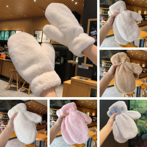 1 Pair Ladies Winter Mittens Thickened Soft Plush Solid Color Cozy Anti-slip Elastic Windproof Heat Retention Warm Lady Outdoor Gloves 