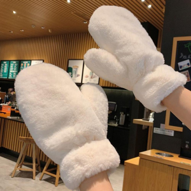 1 Pair Ladies Winter Mittens Thickened Soft Plush Solid Color Cozy Anti-slip Elastic Windproof Heat Retention Warm Lady Outdoor Gloves 