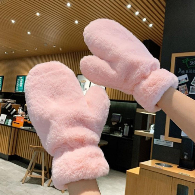 1 Pair Ladies Winter Mittens Thickened Soft Plush Solid Color Cozy Anti-slip Elastic Windproof Heat Retention Warm Lady Outdoor Gloves 