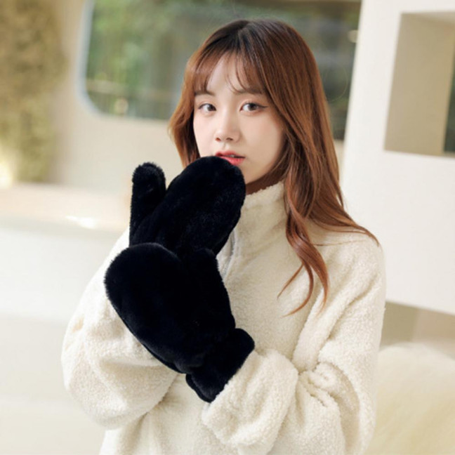 1 Pair Ladies Winter Mittens Thickened Soft Plush Solid Color Cozy Anti-slip Elastic Windproof Heat Retention Warm Lady Outdoor Gloves 