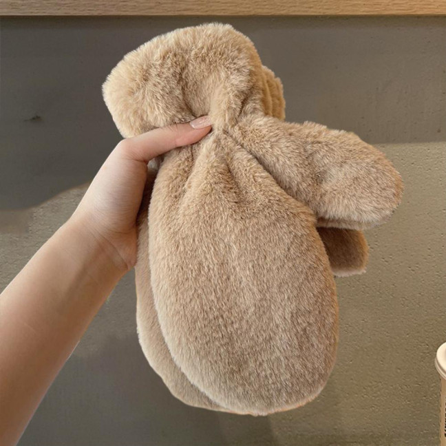 1 Pair Ladies Winter Mittens Thickened Soft Plush Solid Color Cozy Anti-slip Elastic Windproof Heat Retention Warm Lady Outdoor Gloves 