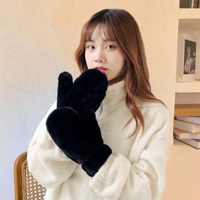 1 Pair Ladies Winter Mittens Thickened Soft Plush Solid Color Cozy Anti-slip Elastic Windproof Heat Retention Warm Lady Outdoor Gloves 