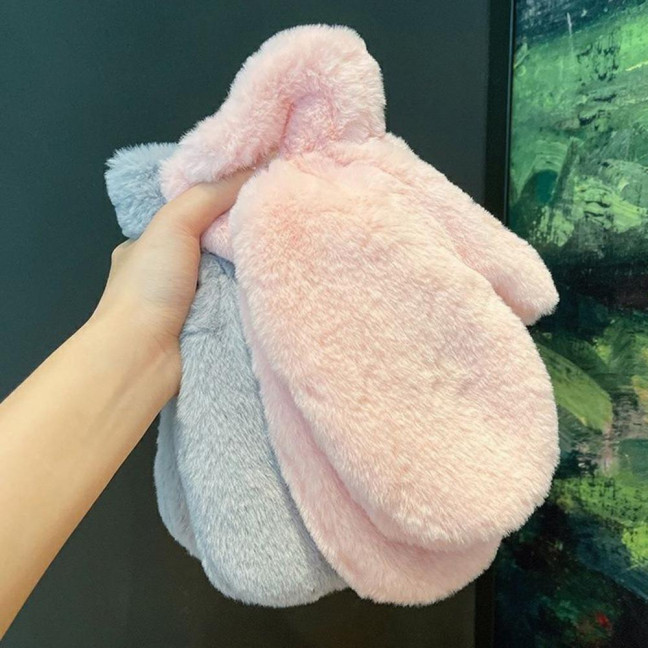 1 Pair Ladies Winter Mittens Thickened Soft Plush Solid Color Cozy Anti-slip Elastic Windproof Heat Retention Warm Lady Outdoor Gloves 