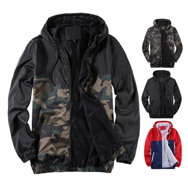 Men Fall Winter Coat Mesh Breathable Hooded Drawstring Long Sleeve Plus Size Zipper Closure Camouflage Print Smooth Mid Length Pockets Elastic Cuff Men Jacket 