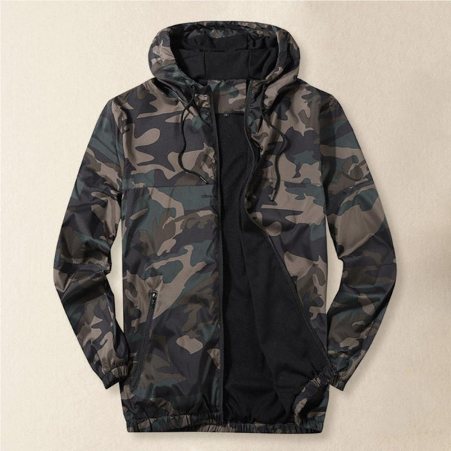 Men Fall Winter Coat Mesh Breathable Hooded Drawstring Long Sleeve Plus Size Zipper Closure Camouflage Print Smooth Mid Length Pockets Elastic Cuff Men Jacket 