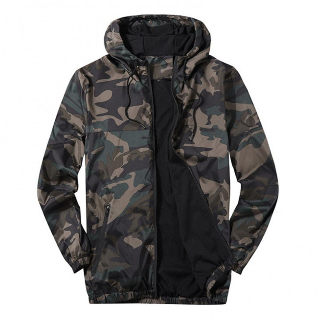 Men Fall Winter Coat Mesh Breathable Hooded Drawstring Long Sleeve Plus Size Zipper Closure Camouflage Print Smooth Mid Length Pockets Elastic Cuff Men Jacket 