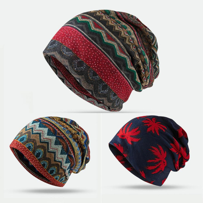 Unisex Winter Hat Vintage Ethnic Print Colorful Elastic Anti-slip Regular Fit Baggy Soft Warm Wide Band Colorfast Women Men Beanie 