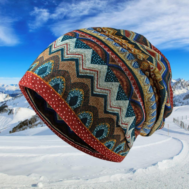 Unisex Winter Hat Vintage Ethnic Print Colorful Elastic Anti-slip Regular Fit Baggy Soft Warm Wide Band Colorfast Women Men Beanie 