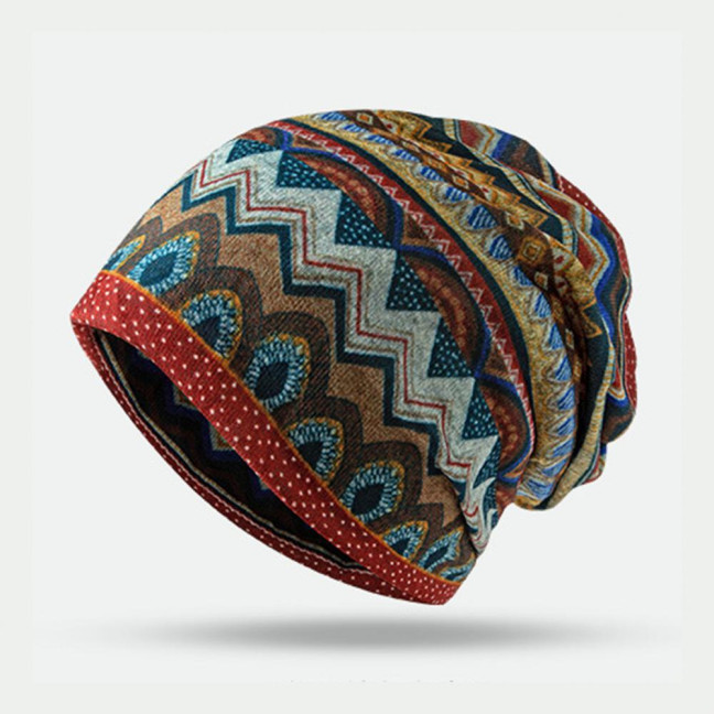 Unisex Winter Hat Vintage Ethnic Print Colorful Elastic Anti-slip Regular Fit Baggy Soft Warm Wide Band Colorfast Women Men Beanie 
