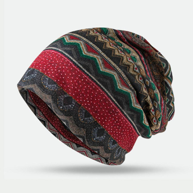 Unisex Winter Hat Vintage Ethnic Print Colorful Elastic Anti-slip Regular Fit Baggy Soft Warm Wide Band Colorfast Women Men Beanie 