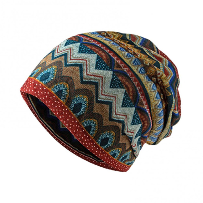 Unisex Winter Hat Vintage Ethnic Print Colorful Elastic Anti-slip Regular Fit Baggy Soft Warm Wide Band Colorfast Women Men Beanie 