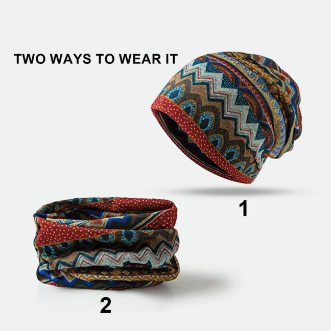 Unisex Winter Hat Vintage Ethnic Print Colorful Elastic Anti-slip Regular Fit Baggy Soft Warm Wide Band Colorfast Women Men Beanie 