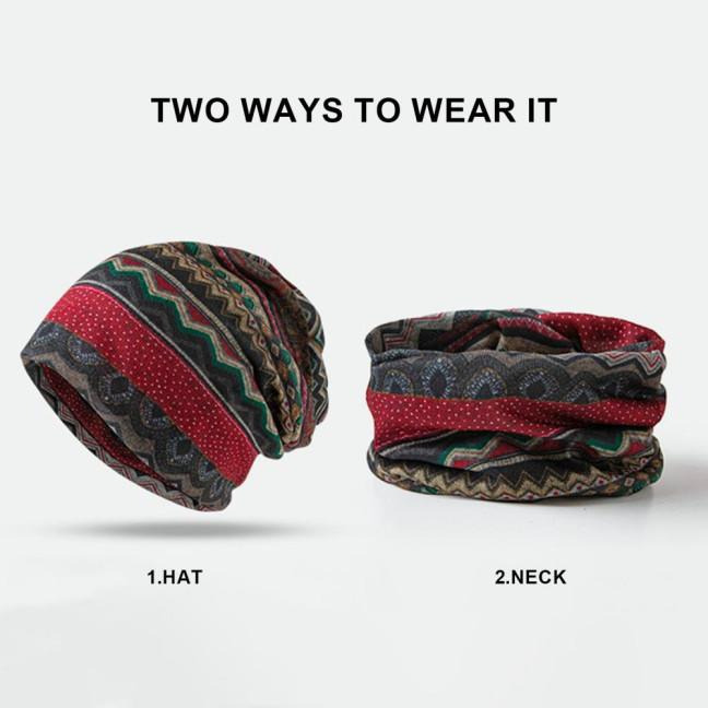 Unisex Winter Hat Vintage Ethnic Print Colorful Elastic Anti-slip Regular Fit Baggy Soft Warm Wide Band Colorfast Women Men Beanie 