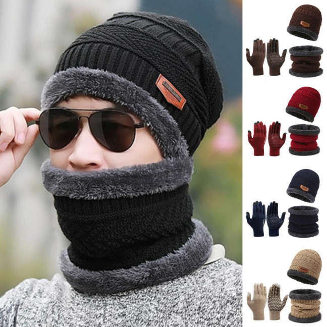 1 Set Men Winter Hat Scarf Gloves Set Thick Knitted Soft Warm Elastic Colorful Ear Protection Five Fingers Windproof Winter Outdoor Cycling Cap Neck Warp Gloves Set