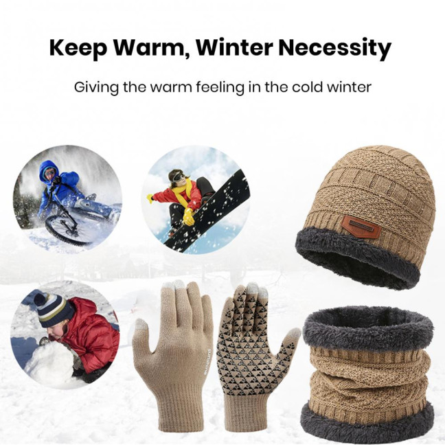 1 Set Men Winter Hat Scarf Gloves Set Thick Knitted Soft Warm Elastic Colorful Ear Protection Five Fingers Windproof Winter Outdoor Cycling Cap Neck Warp Gloves Set
