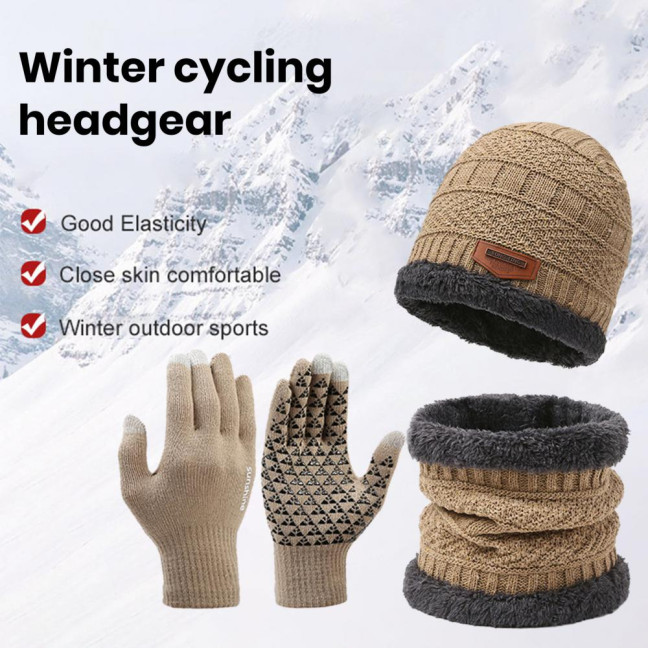 1 Set Men Winter Hat Scarf Gloves Set Thick Knitted Soft Warm Elastic Colorful Ear Protection Five Fingers Windproof Winter Outdoor Cycling Cap Neck Warp Gloves Set