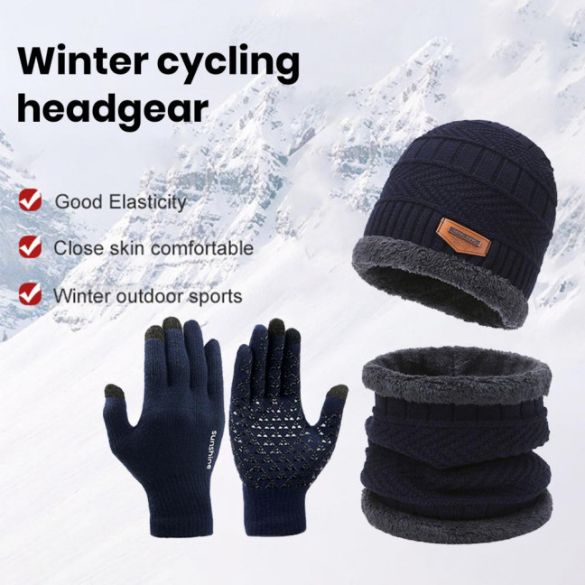 1 Set Men Winter Hat Scarf Gloves Set Thick Knitted Soft Warm Elastic Colorful Ear Protection Five Fingers Windproof Winter Outdoor Cycling Cap Neck Warp Gloves Set