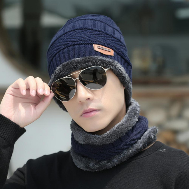 1 Set Men Winter Hat Scarf Gloves Set Thick Knitted Soft Warm Elastic Colorful Ear Protection Five Fingers Windproof Winter Outdoor Cycling Cap Neck Warp Gloves Set