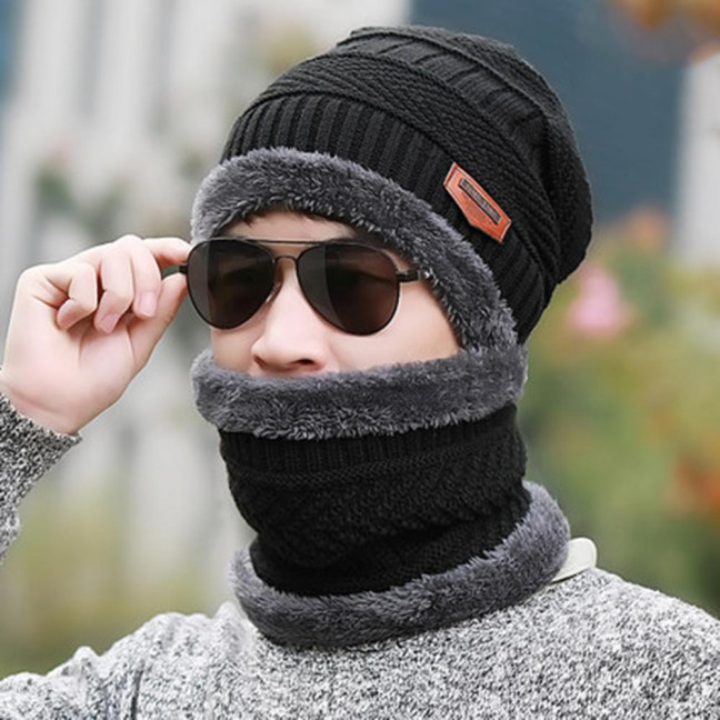 1 Set Men Winter Hat Scarf Gloves Set Thick Knitted Soft Warm Elastic Colorful Ear Protection Five Fingers Windproof Winter Outdoor Cycling Cap Neck Warp Gloves Set