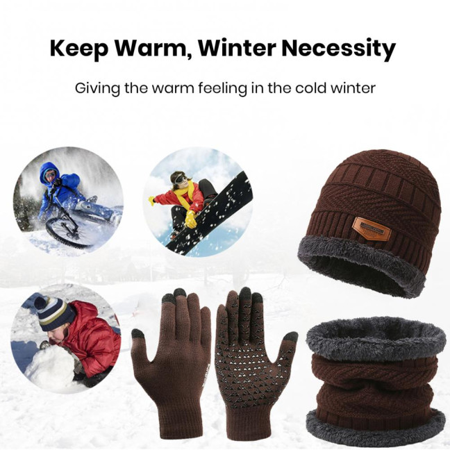 1 Set Men Winter Hat Scarf Gloves Set Thick Knitted Soft Warm Elastic Colorful Ear Protection Five Fingers Windproof Winter Outdoor Cycling Cap Neck Warp Gloves Set