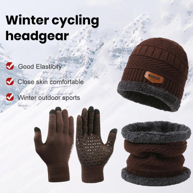 1 Set Men Winter Hat Scarf Gloves Set Thick Knitted Soft Warm Elastic Colorful Ear Protection Five Fingers Windproof Winter Outdoor Cycling Cap Neck Warp Gloves Set