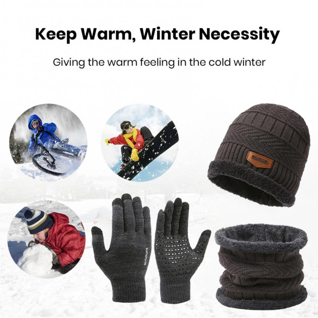 1 Set Men Winter Hat Scarf Gloves Set Thick Knitted Soft Warm Elastic Colorful Ear Protection Five Fingers Windproof Winter Outdoor Cycling Cap Neck Warp Gloves Set