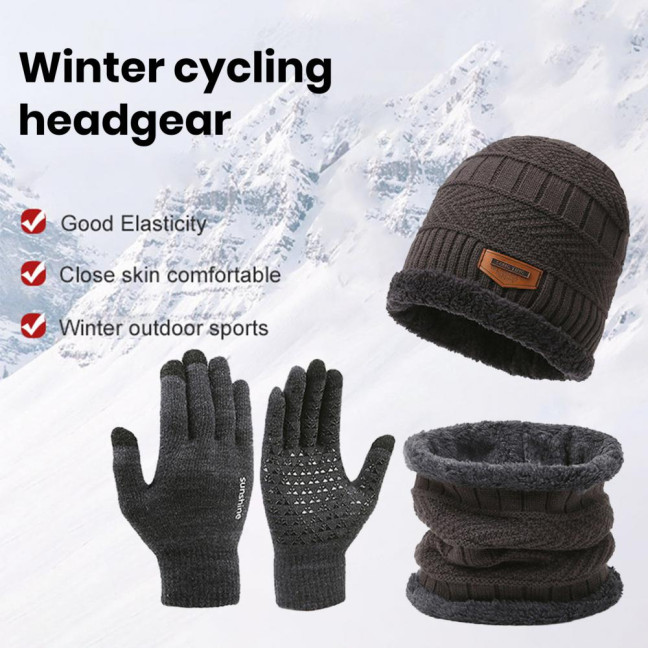 1 Set Men Winter Hat Scarf Gloves Set Thick Knitted Soft Warm Elastic Colorful Ear Protection Five Fingers Windproof Winter Outdoor Cycling Cap Neck Warp Gloves Set