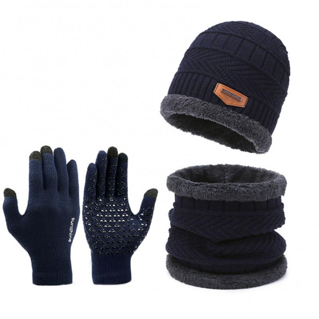 1 Set Men Winter Hat Scarf Gloves Set Thick Knitted Soft Warm Elastic Colorful Ear Protection Five Fingers Windproof Winter Outdoor Cycling Cap Neck Warp Gloves Set