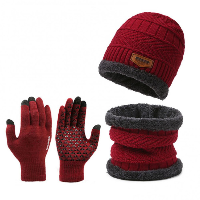 1 Set Men Winter Hat Scarf Gloves Set Thick Knitted Soft Warm Elastic Colorful Ear Protection Five Fingers Windproof Winter Outdoor Cycling Cap Neck Warp Gloves Set