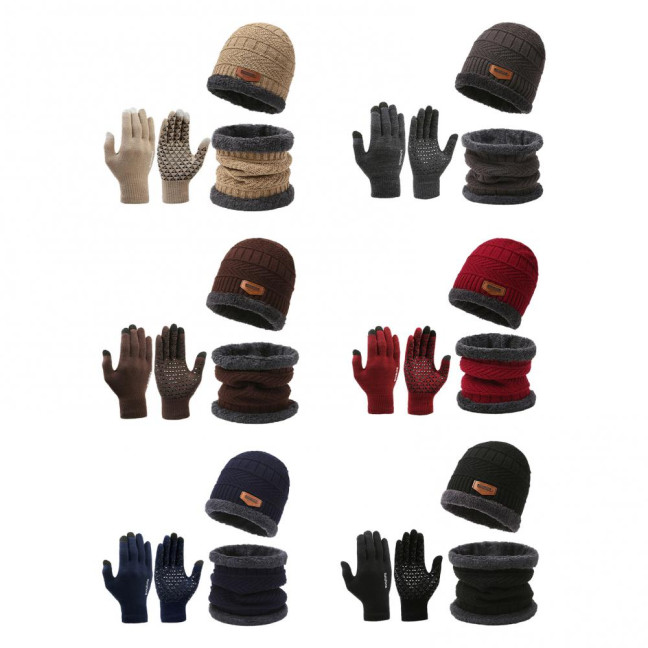 1 Set Men Winter Hat Scarf Gloves Set Thick Knitted Soft Warm Elastic Colorful Ear Protection Five Fingers Windproof Winter Outdoor Cycling Cap Neck Warp Gloves Set
