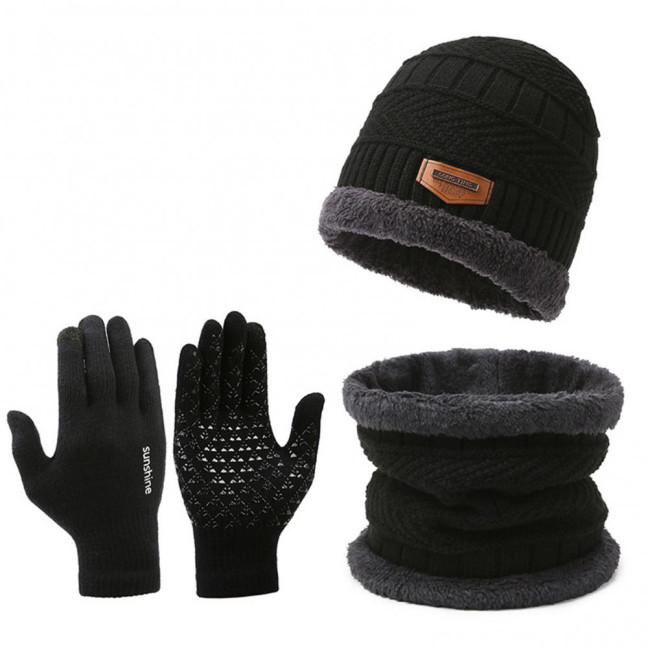 1 Set Men Winter Hat Scarf Gloves Set Thick Knitted Soft Warm Elastic Colorful Ear Protection Five Fingers Windproof Winter Outdoor Cycling Cap Neck Warp Gloves Set