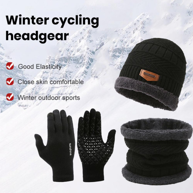 1 Set Men Winter Hat Scarf Gloves Set Thick Knitted Soft Warm Elastic Colorful Ear Protection Five Fingers Windproof Winter Outdoor Cycling Cap Neck Warp Gloves Set