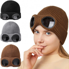 Glasses Knitted Hat Unisex Bomber Hat Solid Color Elastic Soft Warm Anti-slip Regular Fit Ear Protection Windproof Decorative Winter Beanie Headwear 