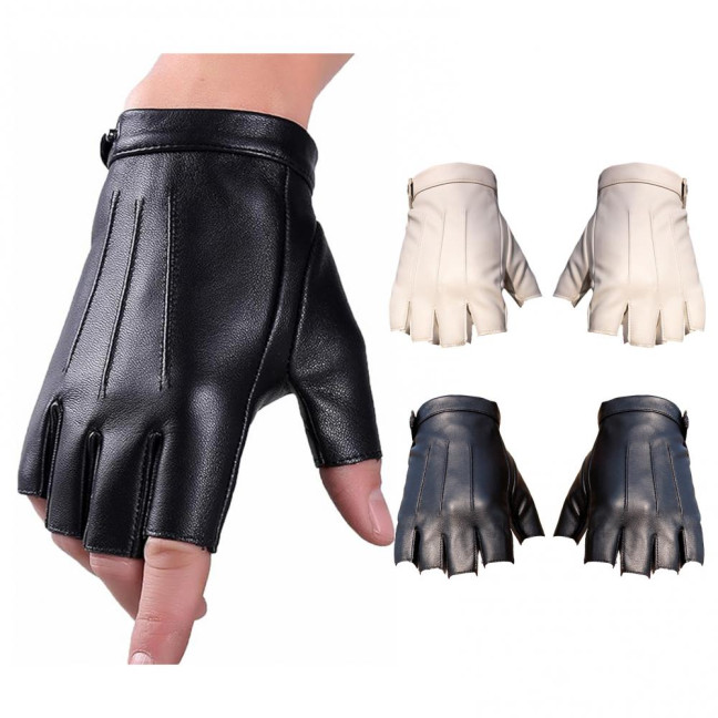 1 Pair Faux Leather Gloves Half Fingers Smooth Waterproof Adjustable Wrist Solid Color Unisex Driving Outdoor Sports Halloween Gloves Cosplay Costume 