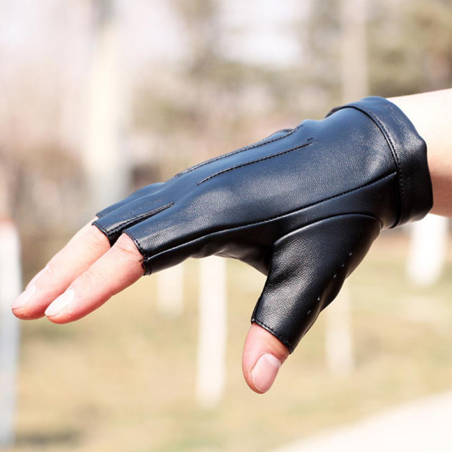1 Pair Faux Leather Gloves Half Fingers Smooth Waterproof Adjustable Wrist Solid Color Unisex Driving Outdoor Sports Halloween Gloves Cosplay Costume 