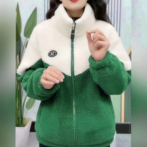 Women Winter Fall Coat Thickened Plush Color Matching Stand Collar Zipper Closure Long Sleeve Casual Cardigan Warm Heat Retention Pockets Lady Plus Size Jacket 