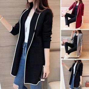 Women Fall Winter Jacket Open Stitch Cardigan Long Sleeve Mid Length Solid Color Loose Pockets Lapel Lady Warm Coat 