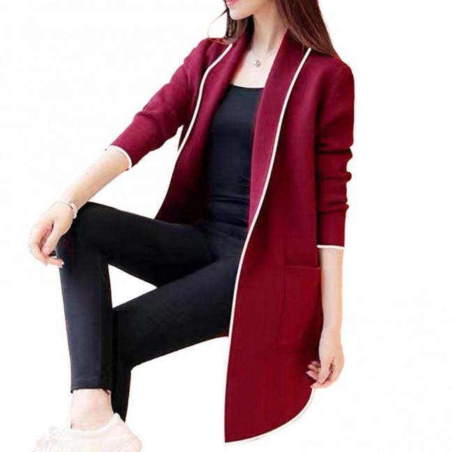 Women Fall Winter Jacket Open Stitch Cardigan Long Sleeve Mid Length Solid Color Loose Pockets Lapel Lady Warm Coat 