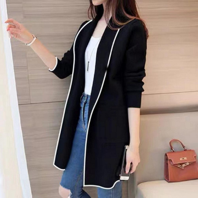 Women Fall Winter Jacket Open Stitch Cardigan Long Sleeve Mid Length Solid Color Loose Pockets Lapel Lady Warm Coat 