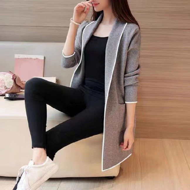 Women Fall Winter Jacket Open Stitch Cardigan Long Sleeve Mid Length Solid Color Loose Pockets Lapel Lady Warm Coat 