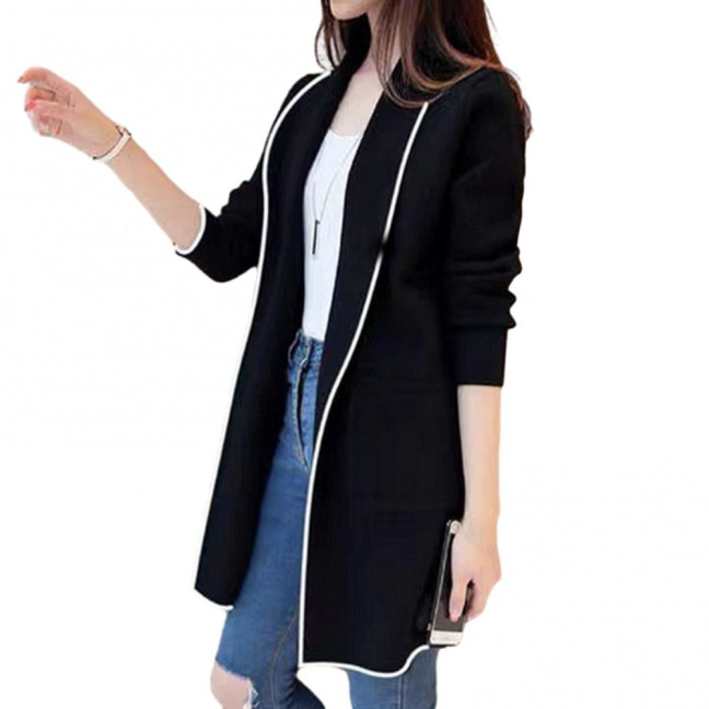 Women Fall Winter Jacket Open Stitch Cardigan Long Sleeve Mid Length Solid Color Loose Pockets Lapel Lady Warm Coat 