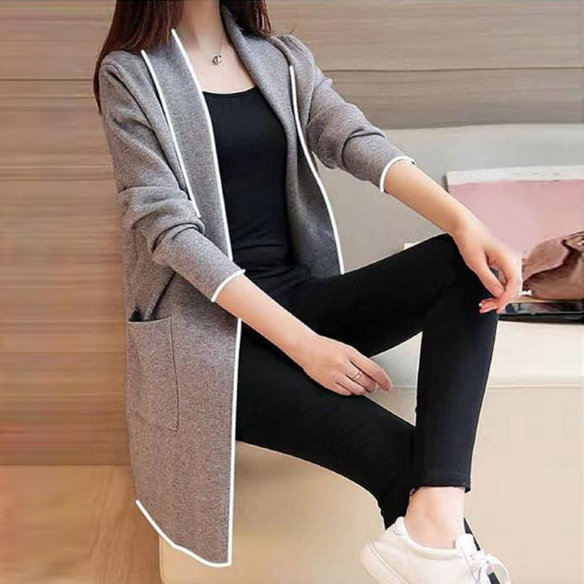 Women Fall Winter Jacket Open Stitch Cardigan Long Sleeve Mid Length Solid Color Loose Pockets Lapel Lady Warm Coat 