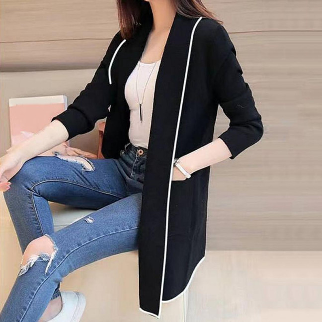 Women Fall Winter Jacket Open Stitch Cardigan Long Sleeve Mid Length Solid Color Loose Pockets Lapel Lady Warm Coat 
