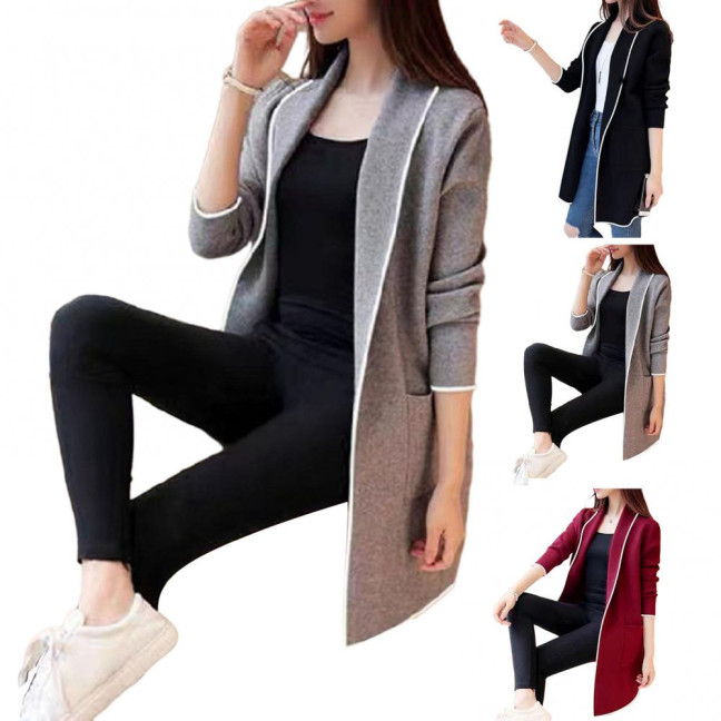 Women Fall Winter Jacket Open Stitch Cardigan Long Sleeve Mid Length Solid Color Loose Pockets Lapel Lady Warm Coat 
