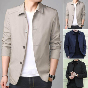 Fall Spring Men Coat Turn-down Collar Solid Color Long Sleeve Single-breasted Cardigan Smooth Formal Business Style Men Mid Length Jacket 