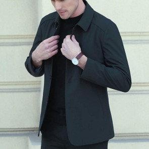 Fall Spring Men Coat Turn-down Collar Solid Color Long Sleeve Single-breasted Cardigan Smooth Formal Business Style Men Mid Length Jacket 