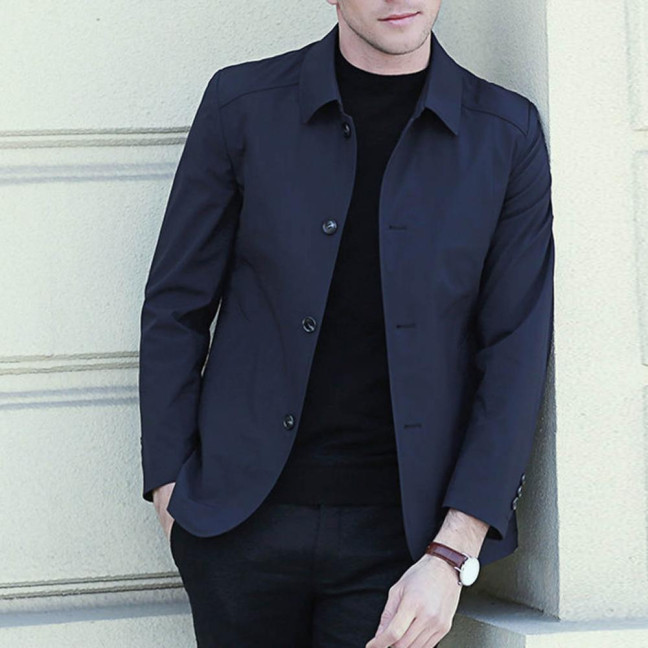 Fall Spring Men Coat Turn-down Collar Solid Color Long Sleeve Single-breasted Cardigan Smooth Formal Business Style Men Mid Length Jacket 