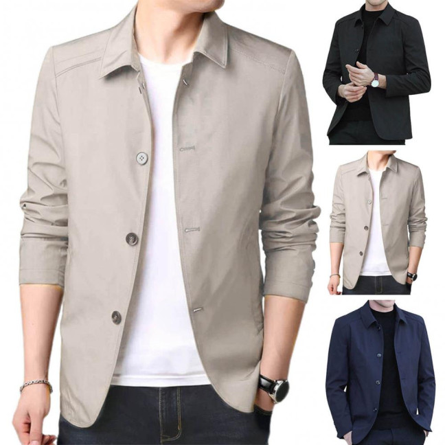 Fall Spring Men Coat Turn-down Collar Solid Color Long Sleeve Single-breasted Cardigan Smooth Formal Business Style Men Mid Length Jacket 